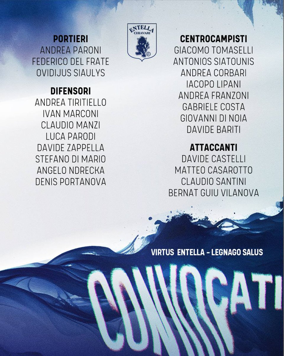 I biancocelesti convocati per il match di oggi pomeriggio con il Legnago Salus 🤍💙
Come on Entella 🔥

#ForzaEntella #UnaSolaSquadra