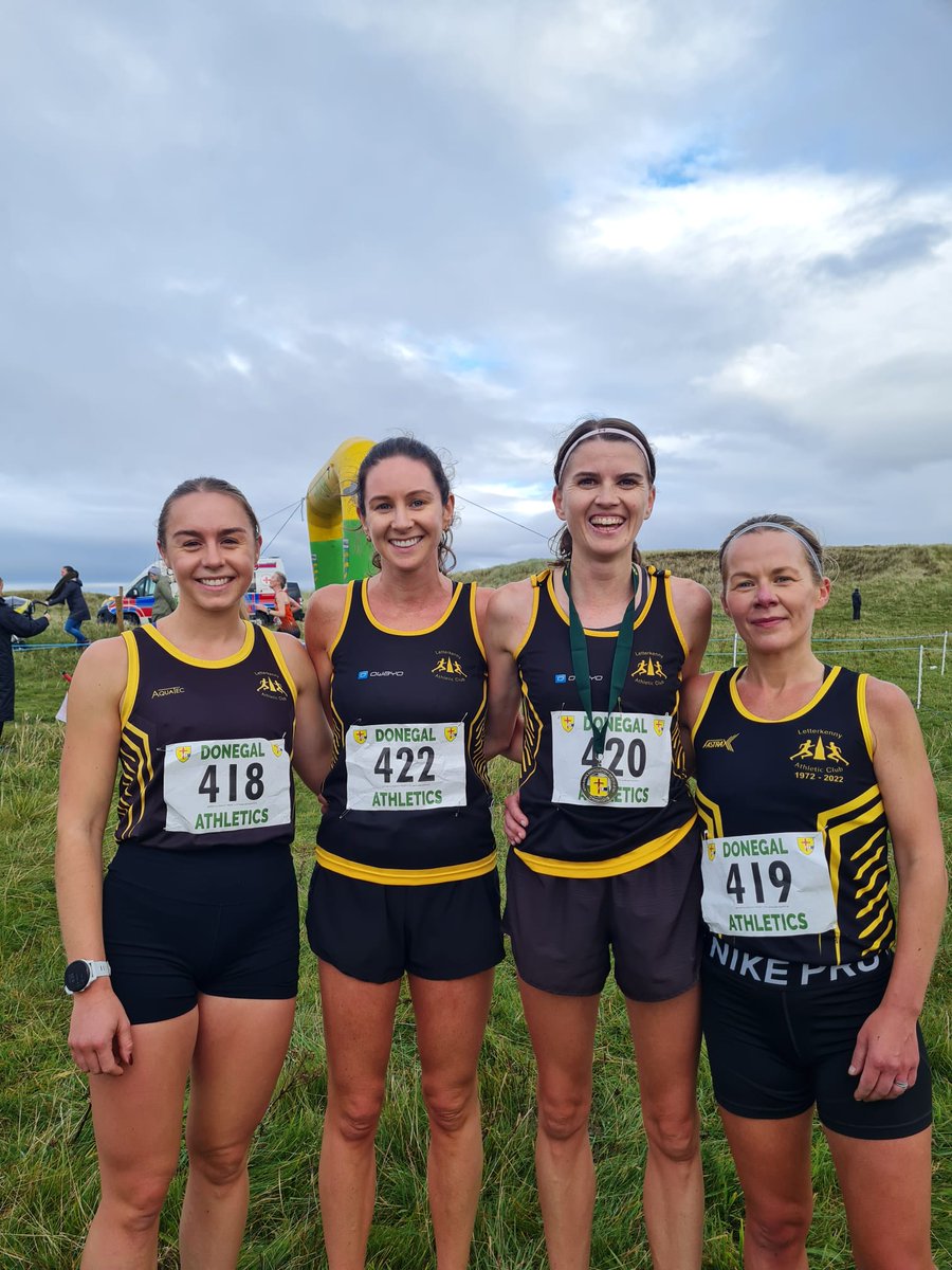 Congratulations to our women's Cross Country team who won the Donegal Senior Cross Country title this morning in Mullaghderg.  
L-R Christine Russell, Shauna McGeehan, Nakita Burke, Clare McGuigan