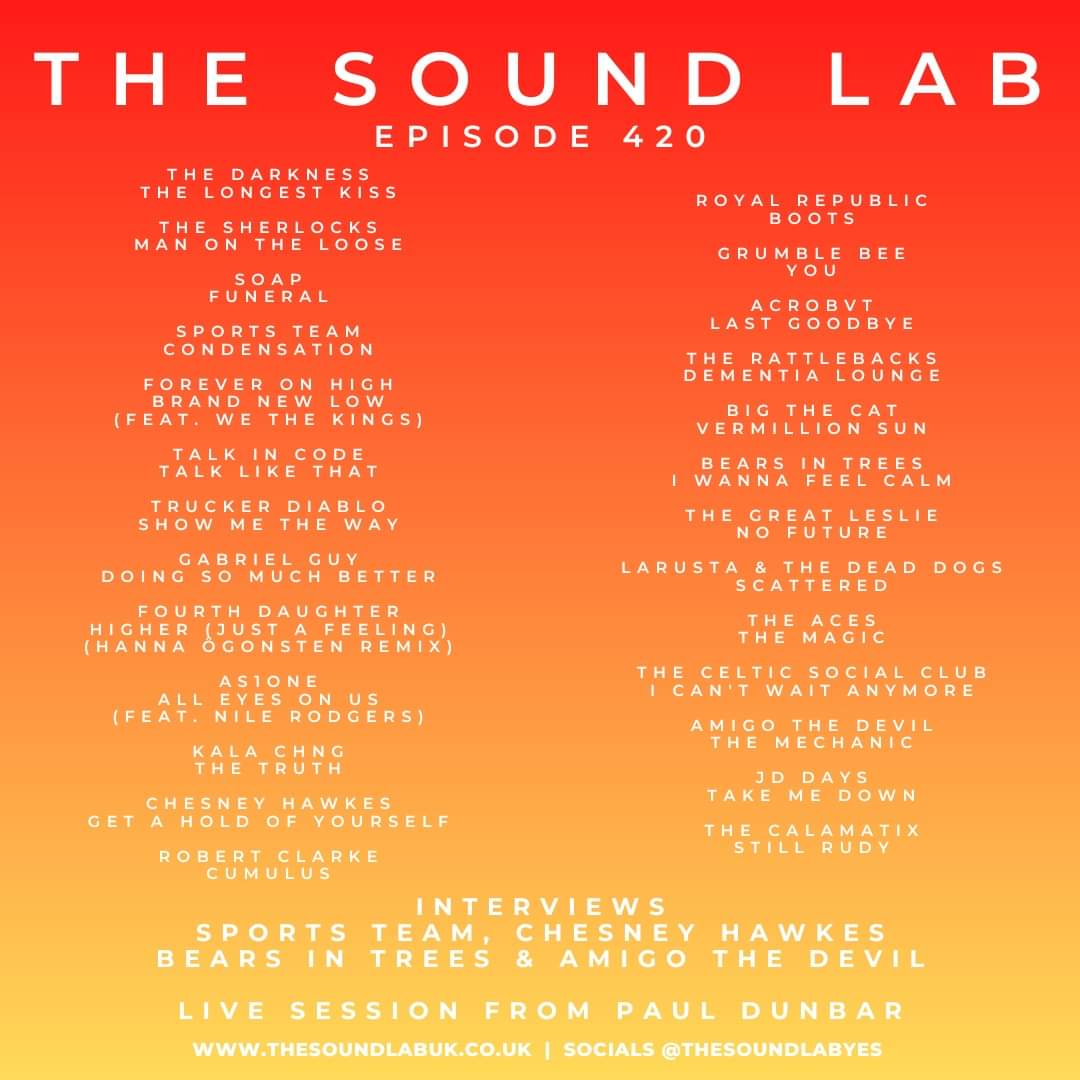 The Sound Lab (@thesoundlabyes) on Twitter photo We have our brand new radio show now available for you at mixcloud.com/TheSoundLabUK/ā¦
On this weekās show we have interviews from <a href="/SportsTeam_/">Sports Team</a>, <a href="/ChesneyHawkes/">chesneyhawkes</a>, <a href="/bearsintrees/">bears in trees are unlikely</a> & <a href="/AmigoTheDevil/">Amigo the Devil</a> plus a live session from Paul Dunbar!
#podcast #newmusic #musicpodcast We have our brand new radio show now available for you at mixcloud.com/TheSoundLabUK/ā¦
On this weekās show we have interviews from <a href="/SportsTeam_/">Sports Team</a>, <a href="/ChesneyHawkes/">chesneyhawkes</a>, <a href="/bearsintrees/">bears in trees are unlikely</a> & <a href="/AmigoTheDevil/">Amigo the Devil</a> plus a live session from Paul Dunbar!
#podcast #newmusic #musicpodcast