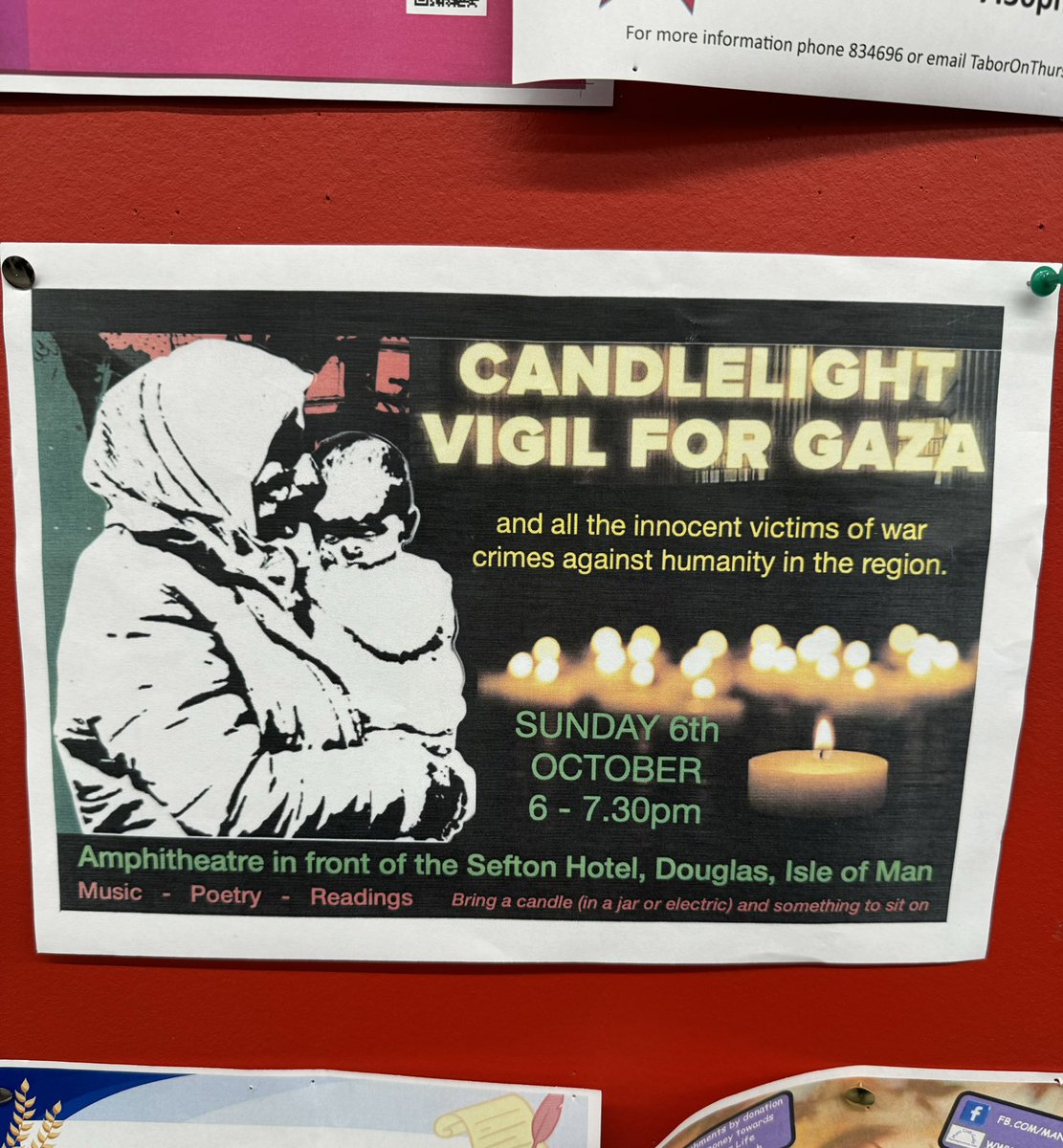 Isle of Man Amnesty International Group are holding a Candlelight Vigil for Gaza &amp; all innocent victims of war crimes against humanity in the region on Sunday 6th October (6-7.30pm). 

It is held in the amphitheatre area by Sefton Hotel, Douglas - St Thomas Church if bad weather