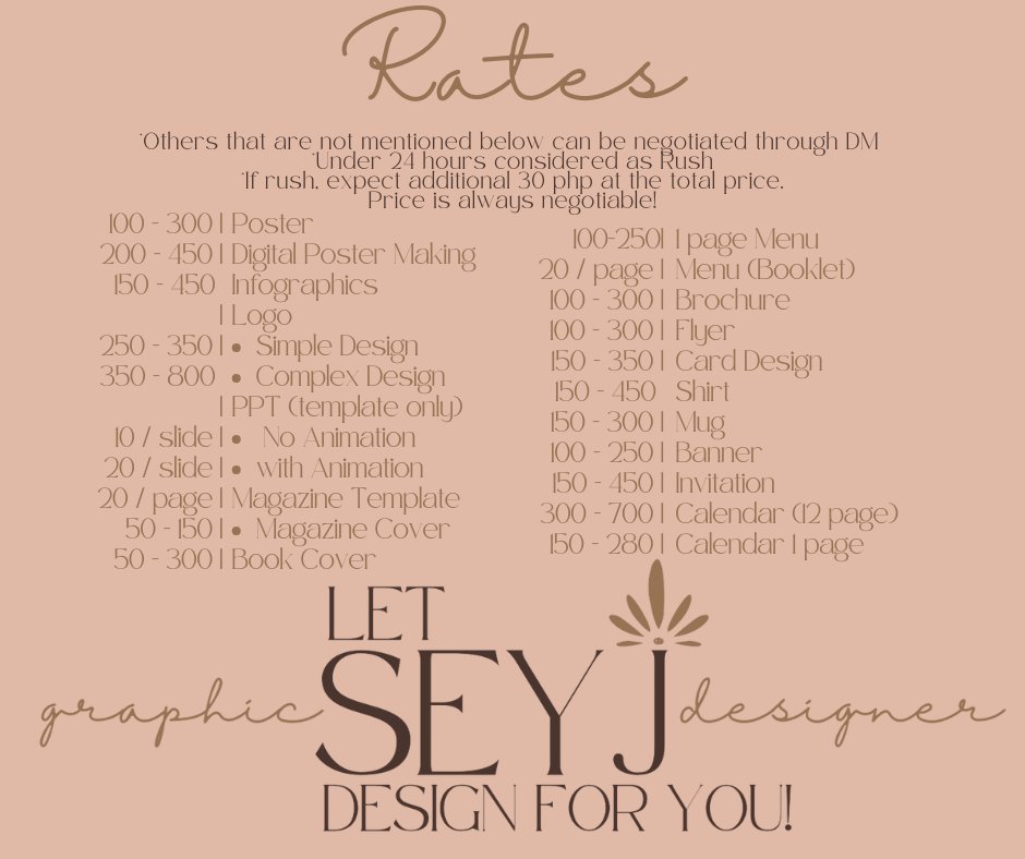 SEYJ is now open for Rush or non rush Graphic Design Commission!

🌸 Price are always negotiable

🪷Graphic design on canva commissioner lf client poster brochure infographic cover menu invitation schedule wallpaper template