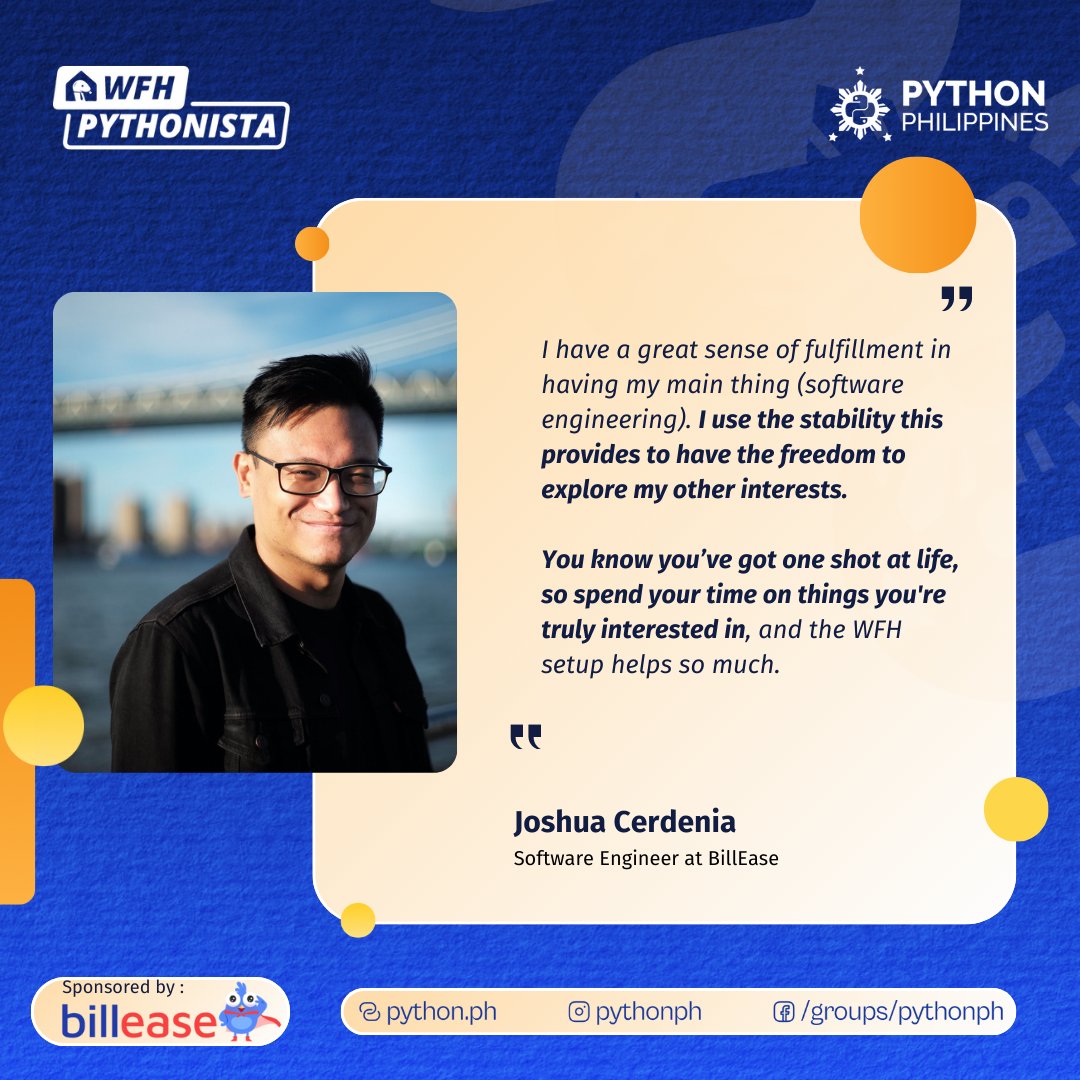pythonph's tweet image. Discover the multifaceted journey of Joshua Cerdenia in our latest speaker highlight! 🎤✨  

Missed the event? Catch up out the talk here: bit.ly/WFH-Pythonista…   

#pythonph #WFHPythonista #DevelopmentPythonistas #WFHHighlights