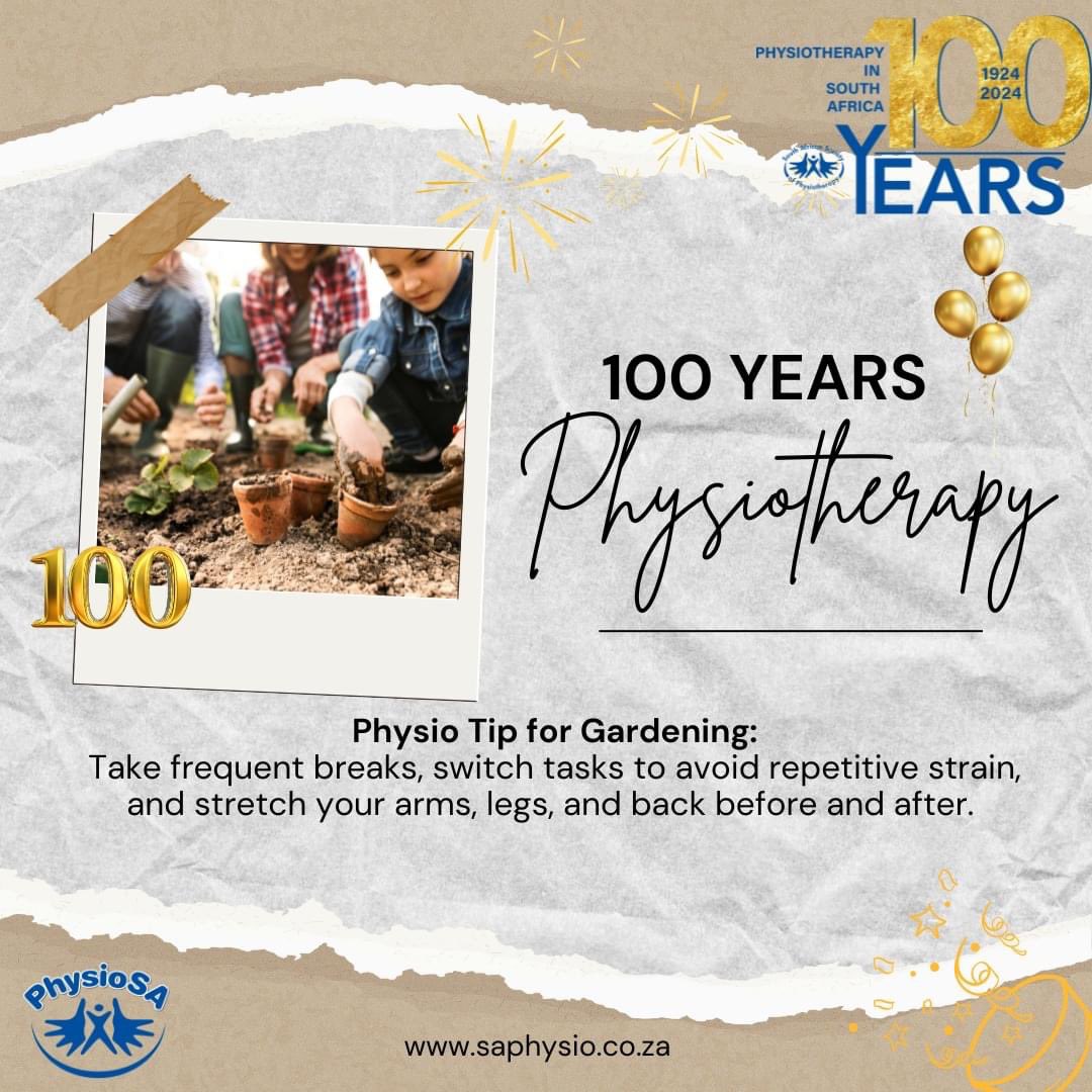 Physio Tip for Gardening:
Take frequent breaks, switch tasks to avoid repetitive strain, and stretch your arms, legs, and back before and after. 
#PhysioSA #100PhysioTips
