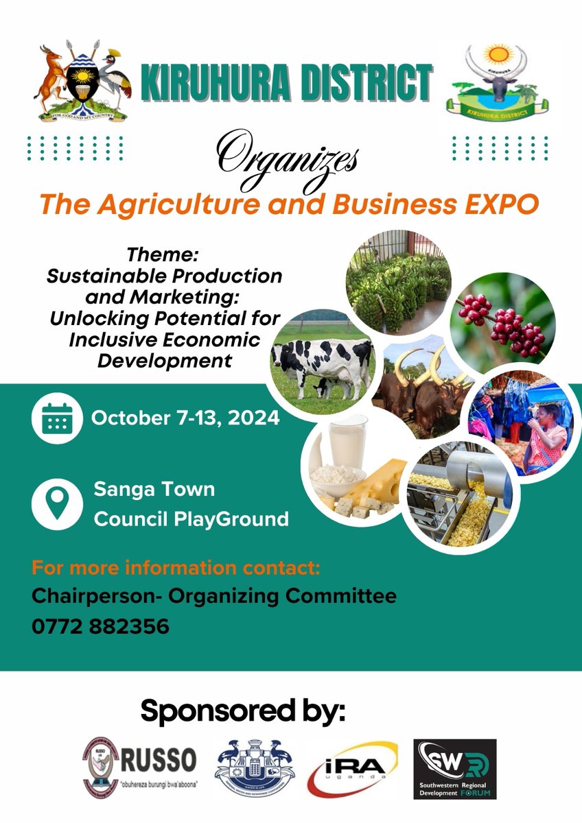SWRDF_'s tweet photo. Excited to announce that SWRDF is partnering with Kiruhura District for the Agriculture and Business Expo from Oct 7-13 at Sanga Town Council Playground! It is themed "Sustainable Production and Marketing: Unlocking Potential for Inclusive Economic Development." #EconomicGrowth https://t.co/L4fWSztdfh