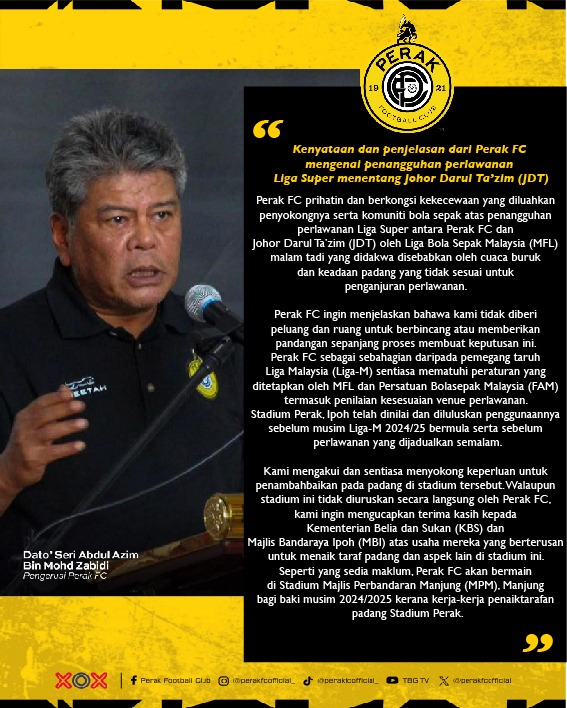 perakfcofficial's tweet image. Kenyataan Rasmi dari Pengerusi Perak Football Club - Dato' Seri Abdul Azim bin Mohd Zabidi

🤍💛🖤
#PerakFC
#LigaSuper2024/25
#LS9
#PRKvJDT
#KejorYobKejor
#ONEXOX
#XOXMALAYSIA
#RiseAsOne
#CheetahMalaysia 
#1Penyokong1JersiPerak 
#WeAreTheYobs
#Misi3Mata
#Misi500kSubsTBG50
