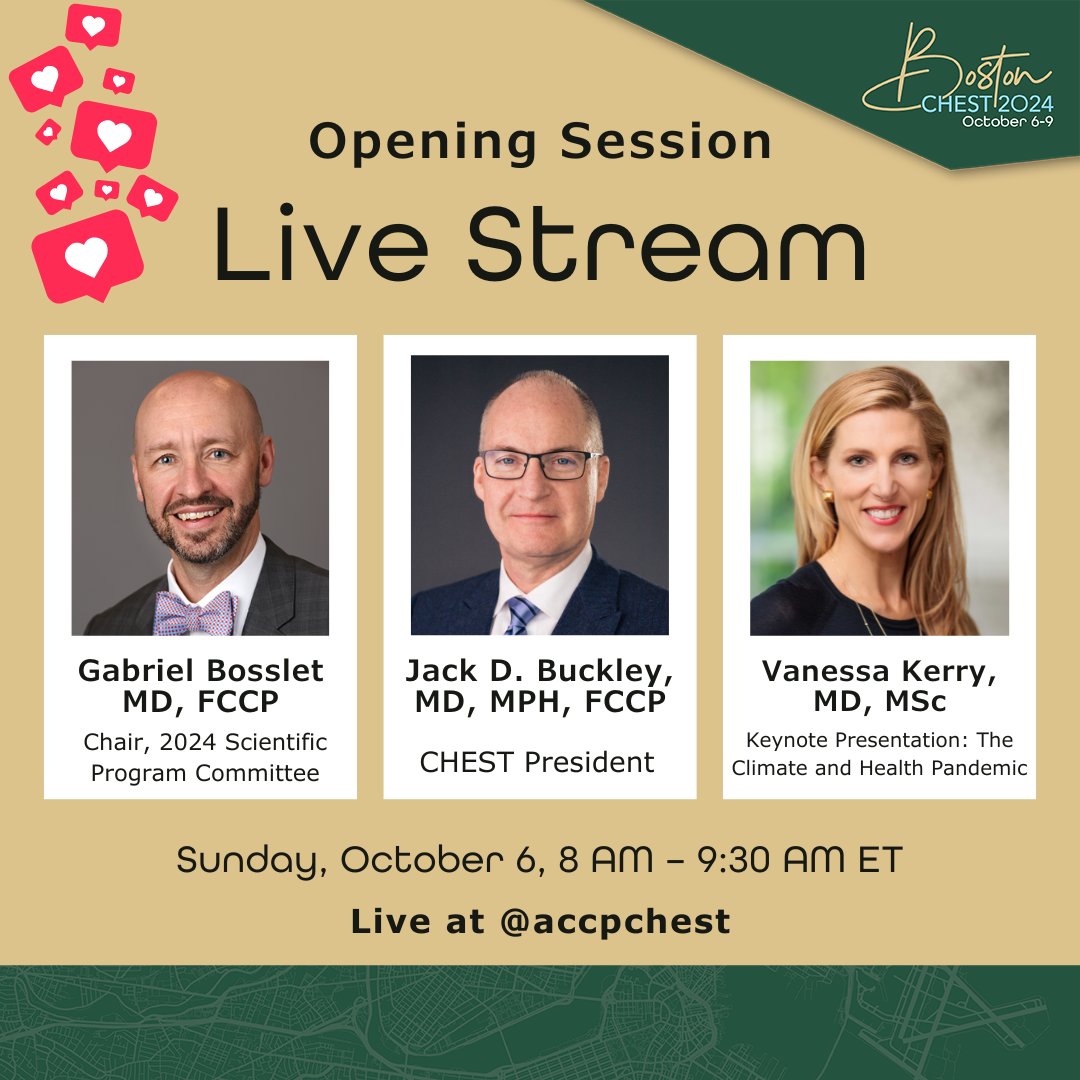 Welcome to Day 1 of #CHEST2024! The energy is high, and we’re kicking things off with an inspiring Opening Session featuring Dr. Gabriel Bosslet, Dr. Jack Buckley, and Keynote Speaker Dr. Vanessa Kerry. Don’t forget to tune in for the live stream from 8:00 AM – 9:30 AM ET.