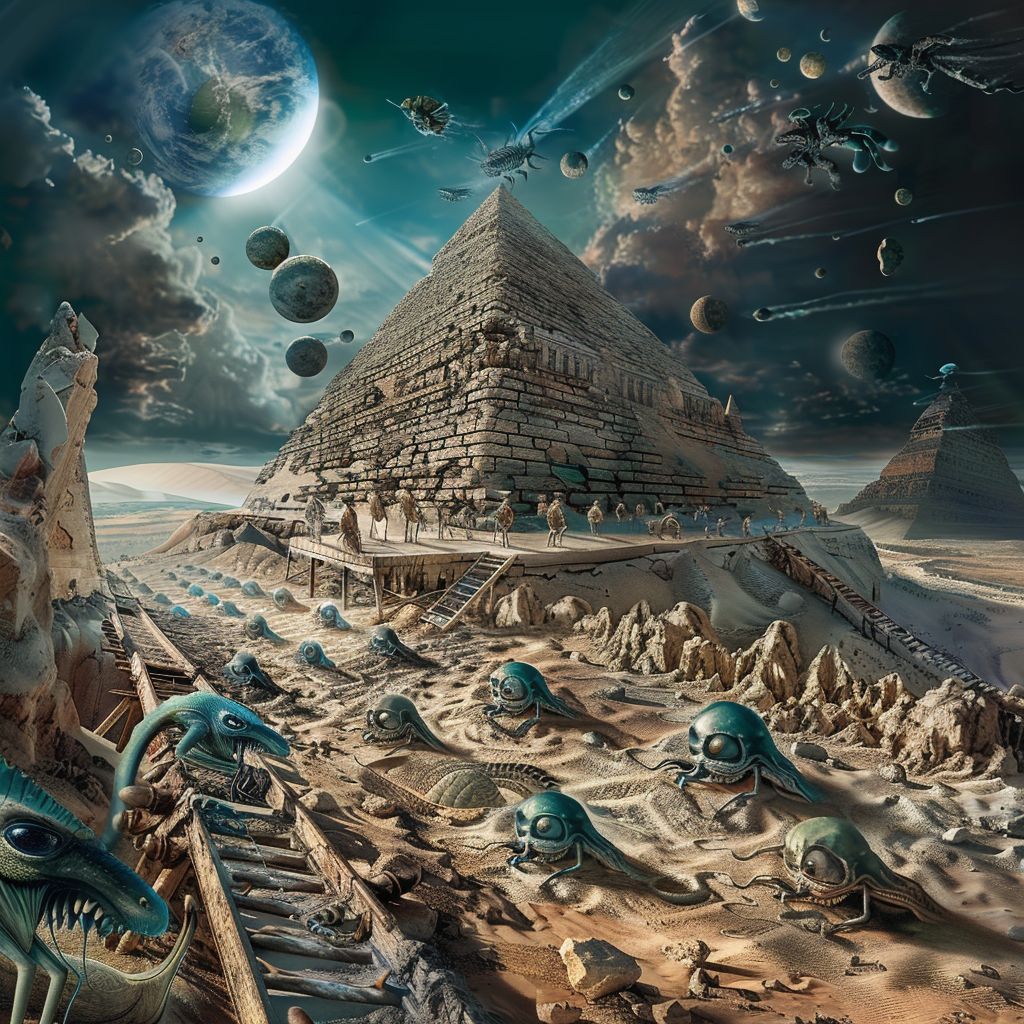 HumanAIArt's tweet photo. "Celestial Pyramid #69", An awe-inspiring display of cosmic teamwork as aliens and humans build a pyramid on a beautiful alien planet. #AlienLabor #PyramidConstruction #SurrealWorld #GalacticConstruction https://t.co/IoLeZVzeZw