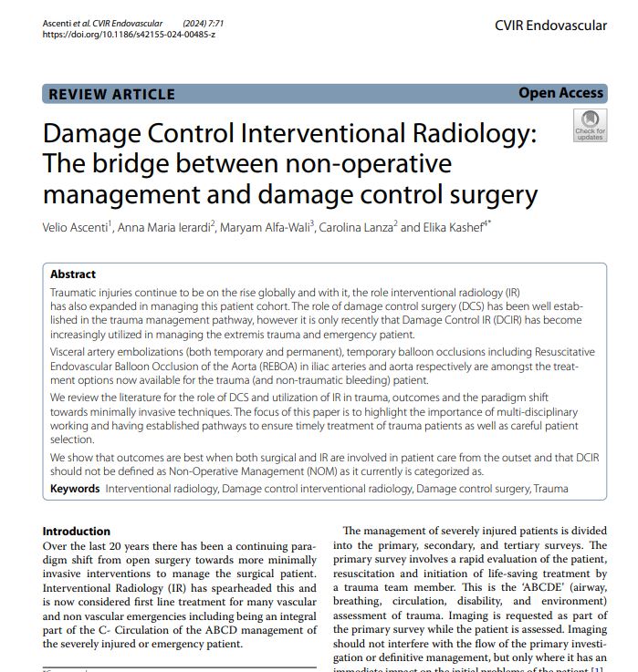 CVIR Endovascular (Jim  Reekers, Editor-in-Chief) (@cvirendo) on Twitter photo #SundayRead 
The authors show that outcomes are best when both surgical and #IR are involved in patient care from the outset and that Damage Control IR (DCIR) should not be defined as Non-Operative Management (NOM) as it is currently categorized.
cvirendovasc.springeropen.com/articles/10.11… #SundayRead 
The authors show that outcomes are best when both surgical and #IR are involved in patient care from the outset and that Damage Control IR (DCIR) should not be defined as Non-Operative Management (NOM) as it is currently categorized.
cvirendovasc.springeropen.com/articles/10.11…