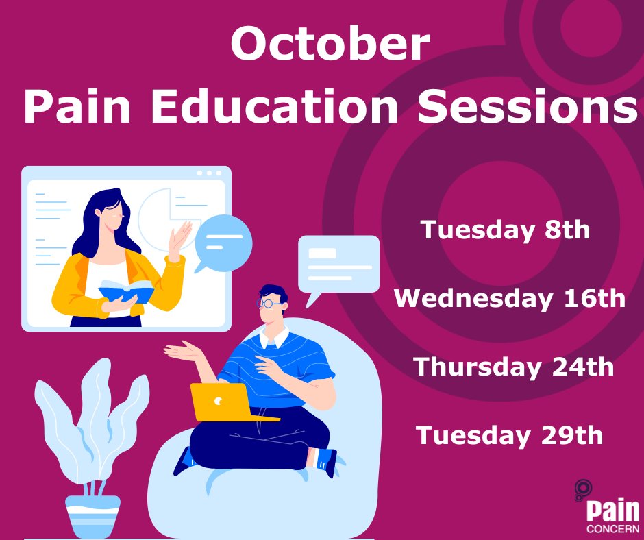 OCTOBER PAIN EDUCATION SESSIONS

✅Tuesday 8th  14:00
✅Wednesday 16th  11:00
✅Thursday 24th  14:00
✅Tuesday 29th  11:00

Grab yours now: ow.ly/wOFs50Tp04t

Learn more: ow.ly/RyUM50TzVLe

#paineducation #chronicpain