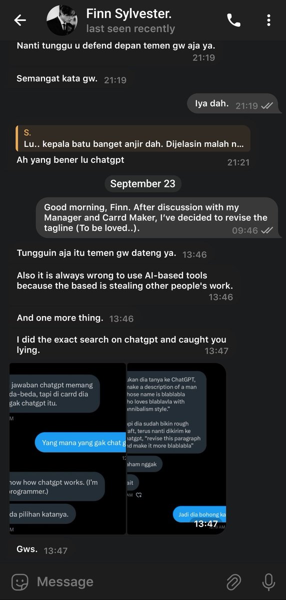 damzsels's tweet photo. Saya juga sudah mencoba menawarkan solusi dengan mengajukan revisi wording profil saya. Namun, Finn tetap bersikeras saya melakukannya, bahkan mengintimidasi saya dengan membawa teman-temannya untuk membenarkan tuduhannya. https://t.co/eoW8YQXSaJ