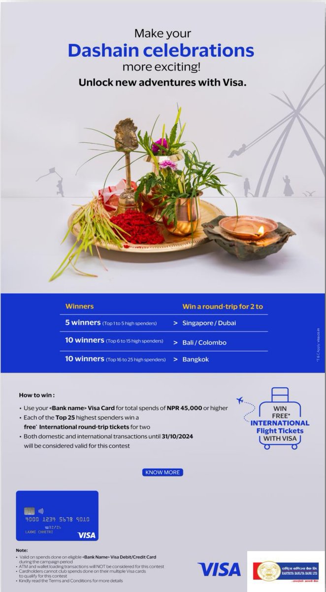 Discover new experiences with VISA and light up your Dashain celebrations.

#राष्ट्रियवाणिज्यबैंक #तपाईंकोआफ्नैबैंक #आफ्नोभनेकोआफ्नैहुन्छ