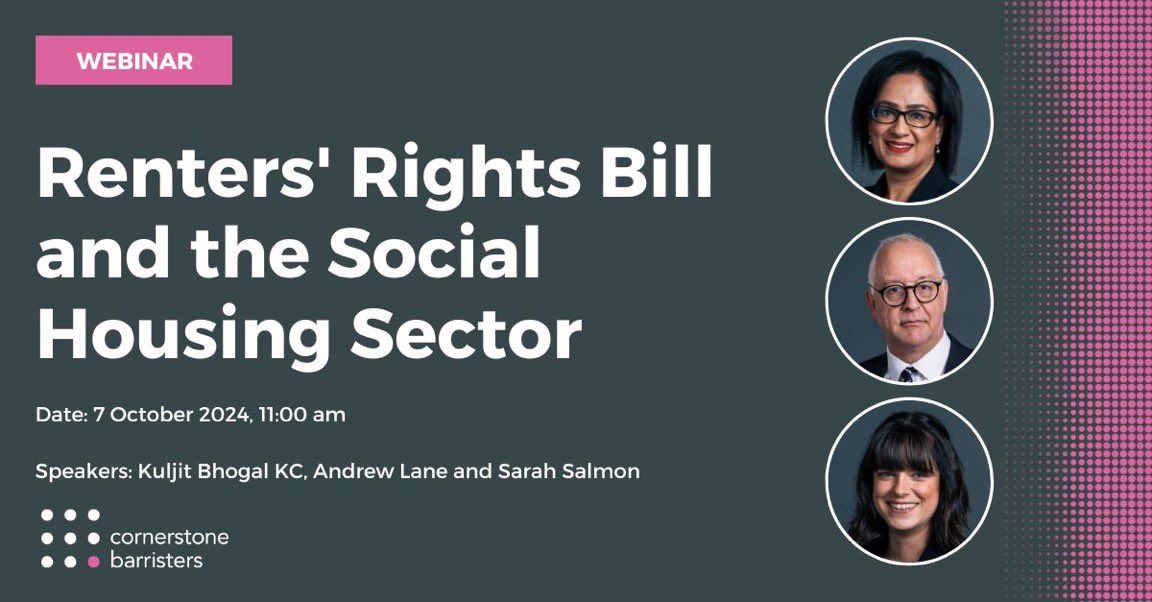 Tomorrow, 2 days before the Renters’ Rights Bill’s 2nd reading in the Commons, <a href="/KuljitBhogal/">Kuljit Bhogal KC</a>, <a href="/SarahSalmon3/">Sarah Salmon</a> &amp; <a href="/AndyLane07/">Andrew Lane</a> will be presenting a webinar looking at the likely impact this legislation could have on the social housing sector.

To book:

shorturl.at/Y4tmv