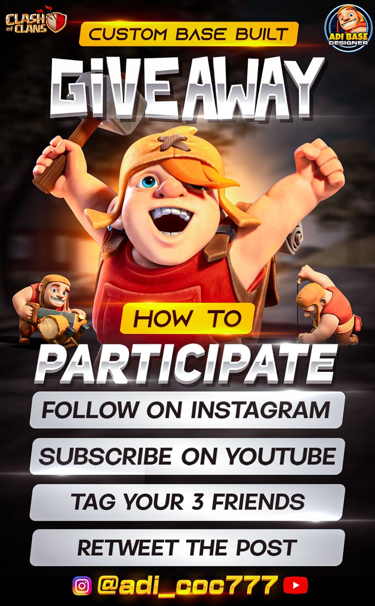 adi_coc777's tweet image. 🎁 Giveaway 🎁 

🥰 5× clash of clan showcase base design 🥰

How to enter 👇👇
✅ Follow @adi_coc777
✅ Subscribe yt YouTube 
youtube.com/@adi_coc777
🙋 Like + retweet 
🫂 Tag 3 friend 

Not :- winners will be announce on 15 October 2024