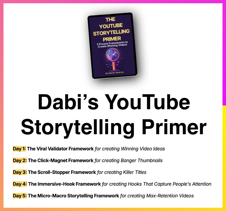 dabidoYT's tweet image. 🎉 ANNOUNCING: THE YOUTUBE STORYTELLING PRIMER

It's time to unveil a bunch of stuff I've been working on for months! And this is the first of three things that I think will help a lot of YouTubers grow their channel first.

'The YouTube Storytelling Primer' is a FREE 5-day email…