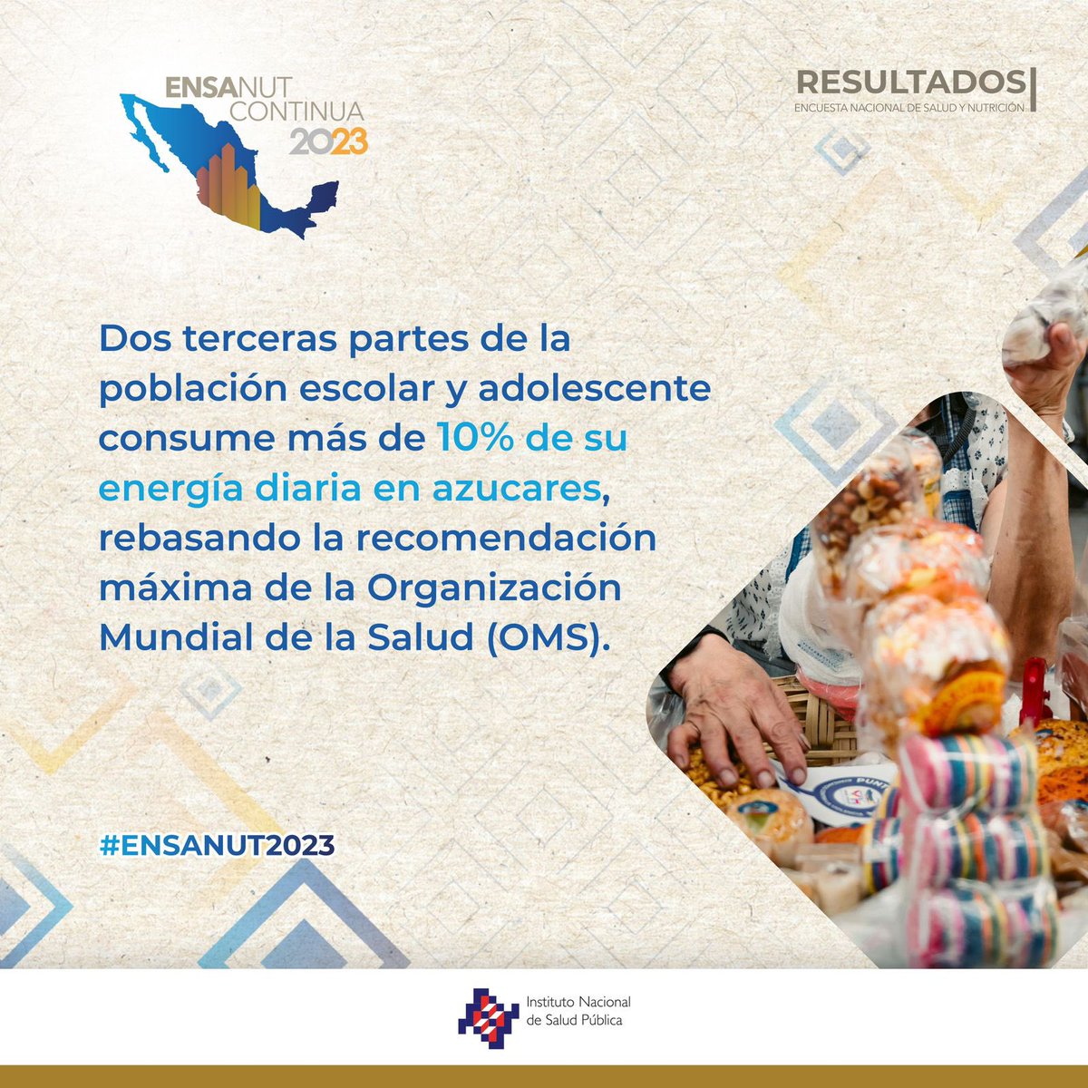 El consumo de azúcares añadidos es muy alto en población escolar y adolescente, esto contribuye con 21.9% de la ingesta de energía.

Cerca de 1 de cada 4 escolares o adolescentes cubre la recomendación de consumo de frutas y verduras.

🔗 saludpublica.mx/index.php/spm/… 

#Ensanut2023