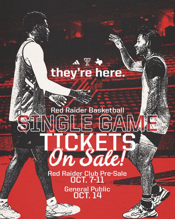 🚨 Single-Game Tickets 🔜 

<a href="/RedRaiderClub/">Red Raider Club</a> presale Oct. 7️⃣-1️⃣1️⃣

General Public on sale Oct. 1️⃣4️⃣