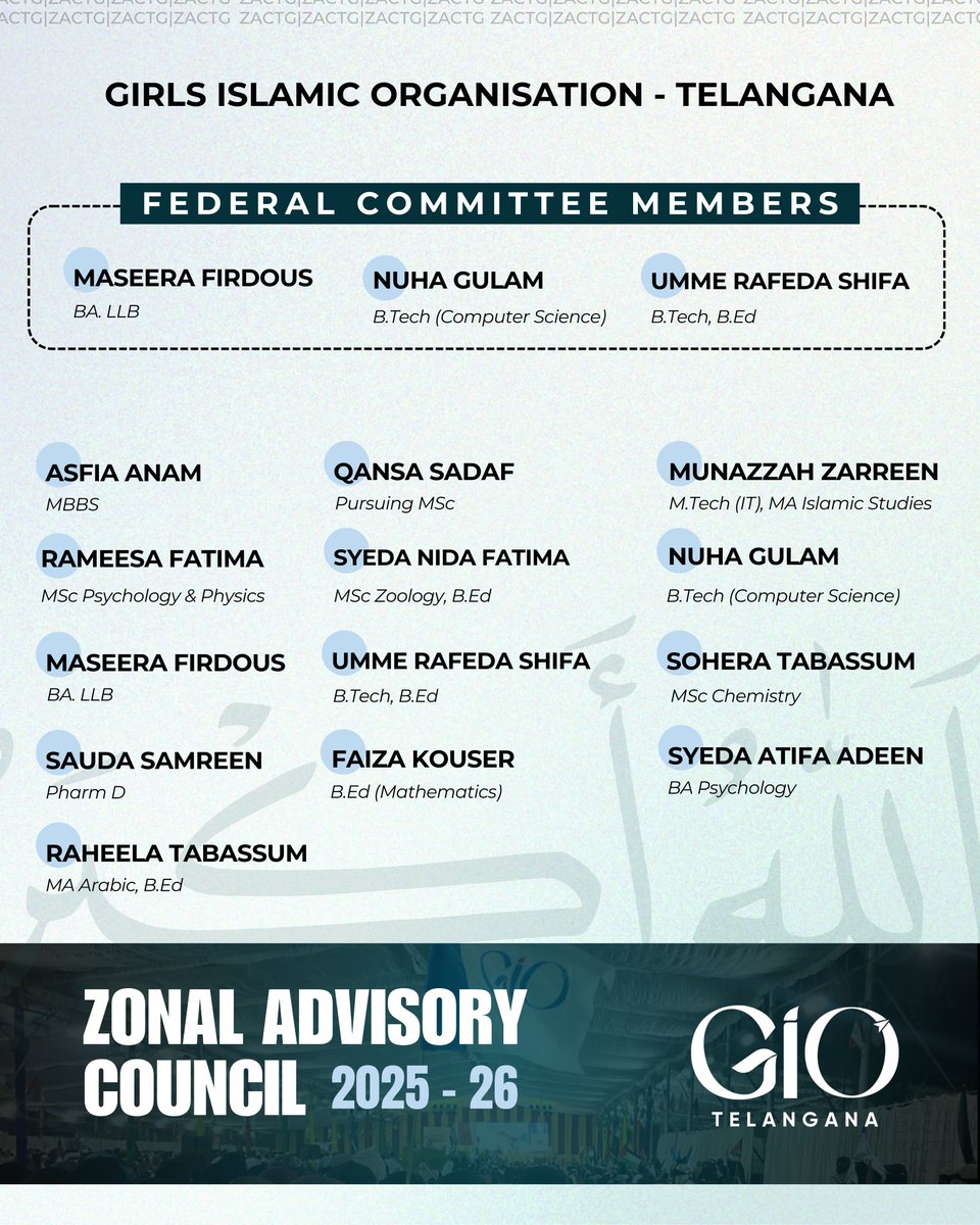 Allahu Akbar!
Federal Committee Members and Zonal Advisory Council - GIO Telangana for the term 2025 - 2026.

May Allah Grant them steadfastness. Aameen! ✨