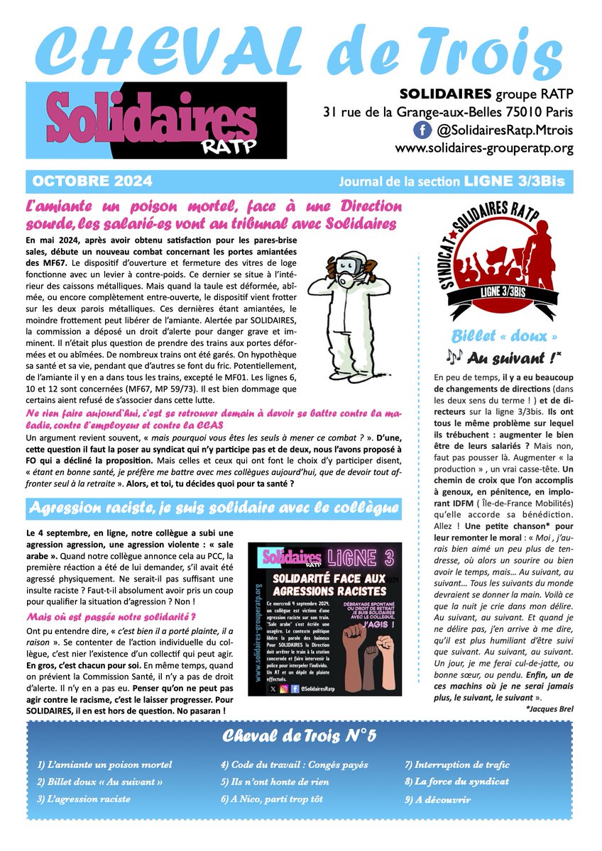 SolidairesRatp's tweet photo. Le dernier numéro du #JournalSyndical #ChevalDeTrois #Metro #Ligne #RATP avec plusieurs articles #Amiante #Racisme #CongeAnnuelEtMaladie #InterruptionLigne3 un livre  #LibresDObeir de @JohannChapoutot et  notre collègue #Nico parti trop tôt ... https://t.co/lDHRPfXNqJ