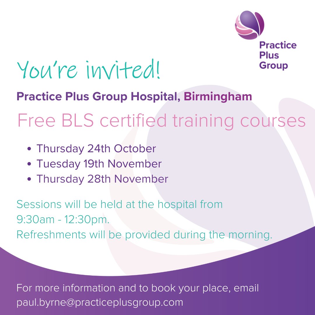PracticePlusGrp's tweet image. Practice Plus Group Hospital, Birmingham would like to provide our local GPs with free BLS (Basic Life Support) certified training courses! 🎓📕 

For more information and to book your place, please email paul.byrne@practiceplusgroup.com

#Birmingham #BLSCourse #PracticePlusGroup