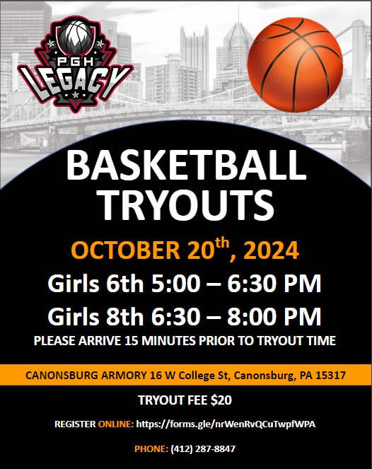 PGH Legacy basketball tryouts in 2 weeks! Open to girls in 6th and 8th grade. Please register online: forms.gle/nrWenRvQCuTwpf…