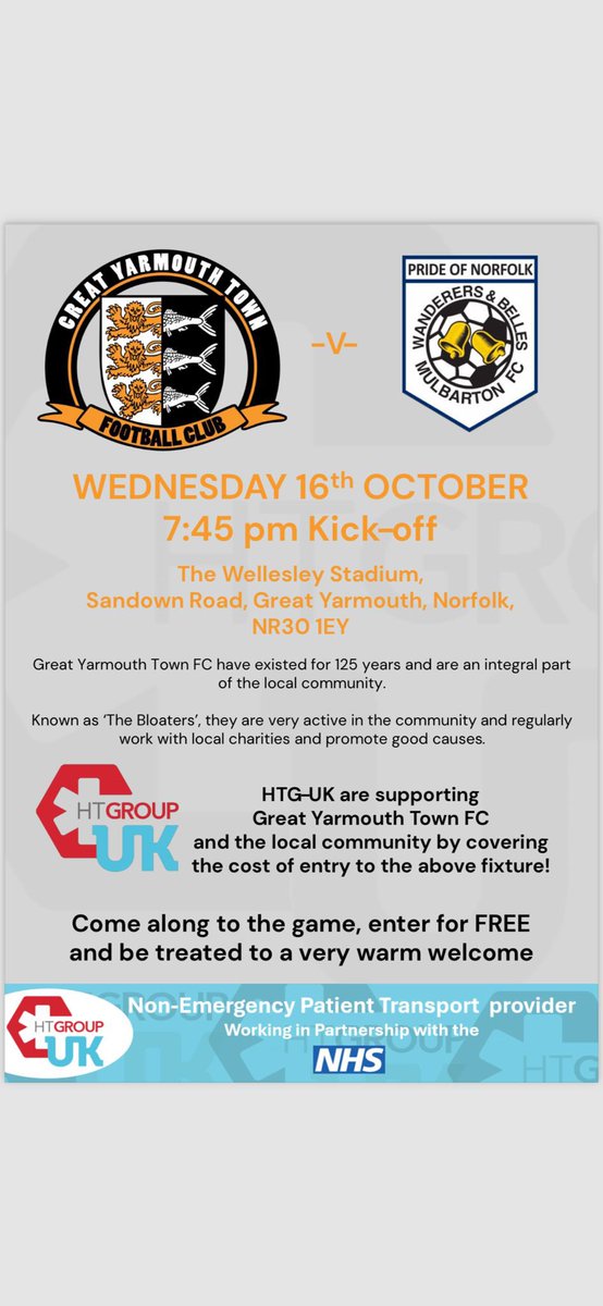 THE BLOATERS V MULBARTON
16TH OCTOBER 7.45 KO
GATES OPEN 6.30 

🧡🖤EXCITING NEWS

We are delighted to announce that our good friends at HT GROUP UK have very generously offered to pay the admission price of every spectator attending our  league match with  Mulbarton Wanderers