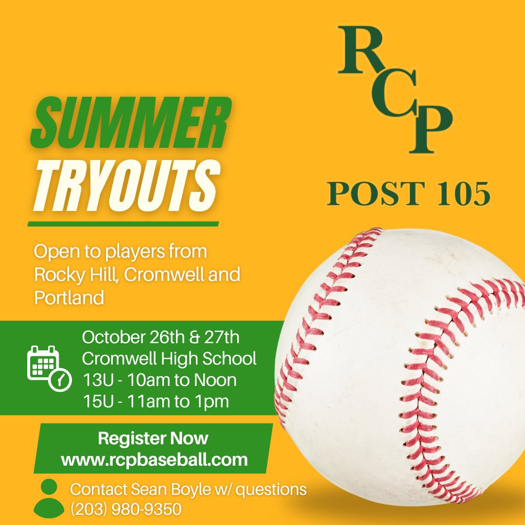RCP will be holding tryouts for the 13U and 15U 2025 summer teams per the below
-13U Saturday, October 26th - Cromwell High School, 10:00 AM to 12:00 PM (players arrive 9:30 am)
-15U Sunday, October 27th - Cromwell High School, 11:00 AM to 1:00 PM (players arrive 10:30 am)