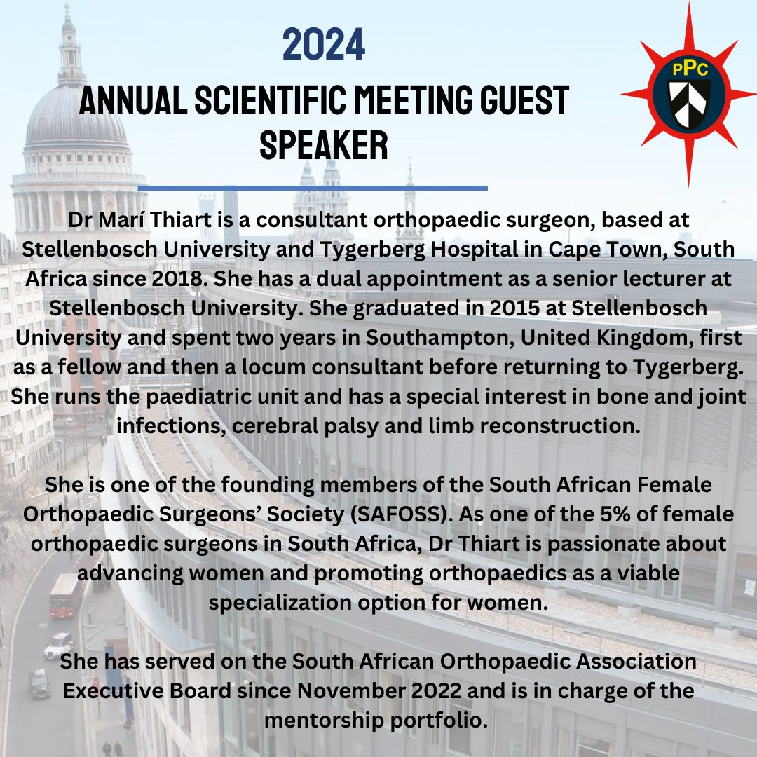 The Percivall Pott Orthopaedic Club (@pottrotation) on Twitter photo Meet Dr Thiart our next guest speaker! She runs the paediatric unit and has a special interest in bone and joint infections, cerebral palsy and limb reconstruction. She is also one of the founding members of the South African Female Orthopaedic Surgeons' Society!
<a href="/MariThiart/">Marí Thiart</a> Meet Dr Thiart our next guest speaker! She runs the paediatric unit and has a special interest in bone and joint infections, cerebral palsy and limb reconstruction. She is also one of the founding members of the South African Female Orthopaedic Surgeons' Society!
<a href="/MariThiart/">Marí Thiart</a>