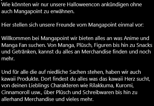JACKT_Sachsen's tweet photo. Auch der Mangapoint ist natürlich wieder mit dabei!
Ihr wollt mehr Infos zu unserer Convention?
Dann folgt dem Link in der Bio zu unserer Internetseite!
#jackt #jacktsachsen #convention #cosplay #cosplayconvention #halloweenconvention #halloweencosplay #chemnitz #sachsen https://t.co/yevBBG5Ooq
