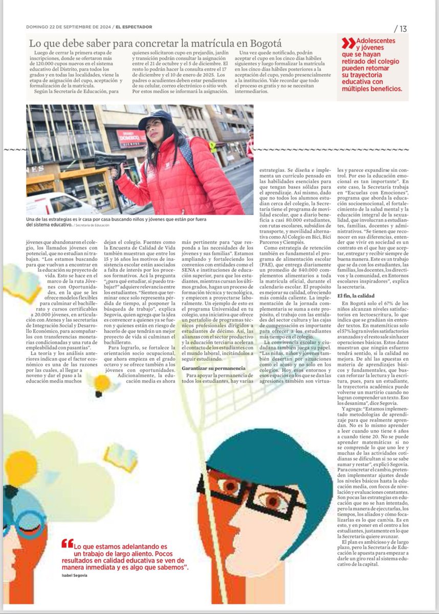 IsabelSegoviaO's tweet photo. Frenar la deserción escolar es una prioridad para @Bogota. 

Les invito a leer esta nota de @elespectador, que la describe y profundiza en las acciones que desde @Educacionbogota estamos adelantando para combatirla y minimizar los factores de riesgo asociados a ella. https://t.co/vmT59LtOum