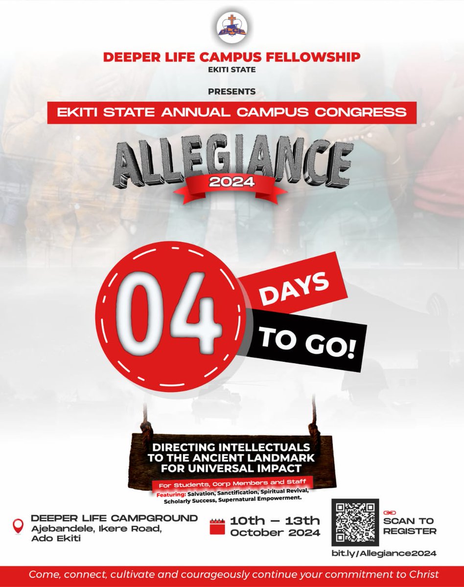 admoft's tweet photo. -

*0️⃣4️⃣  Days to ALLEGIANCE 2024!*

The wait is almost over! In 4 days, we gather under the theme *"ALLEGIANCE"* for a life-changing journey of worship, faith, and renewal.

Prepare to Attend. Register here
 https://t.co/TVjNq1YHR3

#Allegiance2024  
#Dlcfekiti

_ https://t.co/csg6bGfSH7