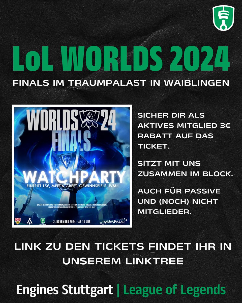 Erlebe die Worlds Finals 2024 live im Kino! 🎬 Am 02.11. ab 14 Uhr im Traumpalast Waiblingen: fette Stimmung, Meet &amp; Greet mit VfB eSports, Beat the Pro 1vs1 und mehr! 😎 Tickets ab 12€, hol dir deins jetzt! forms.gle/RfQX9Yr7W512Vq… 
#Worlds2024 #Engines