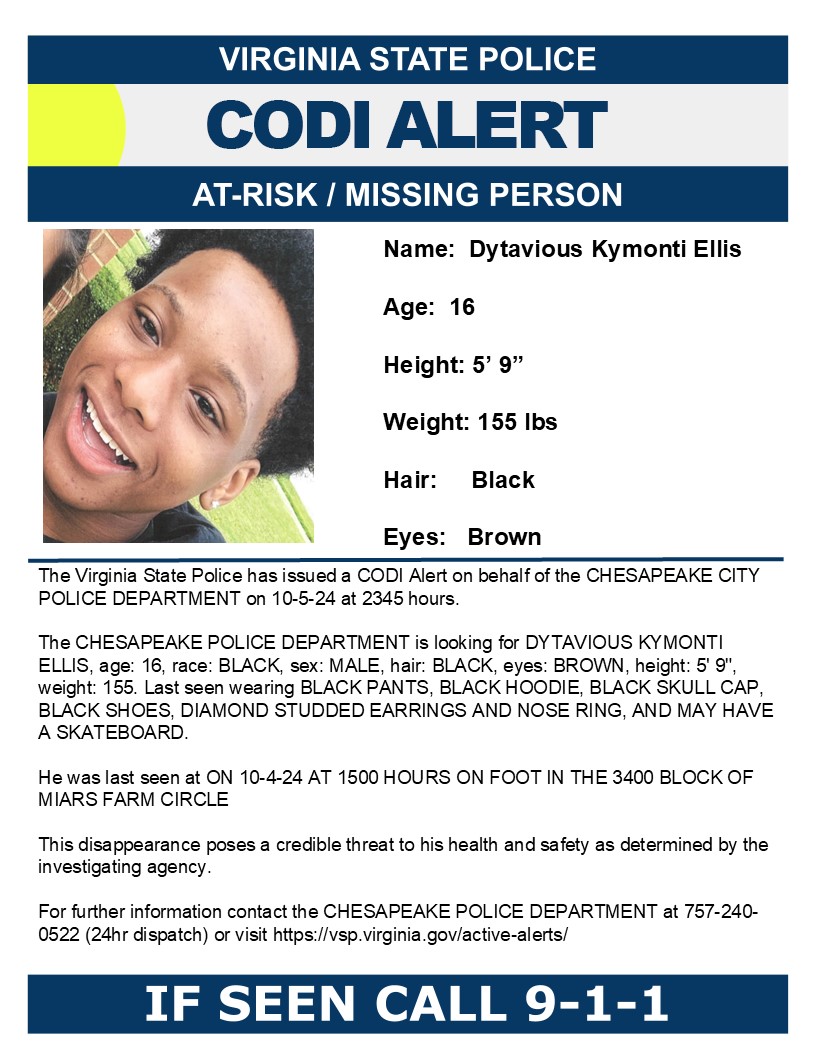 Virginia State police have issued a CODI alert for a missing teen.

trib.al/IUy3qVP