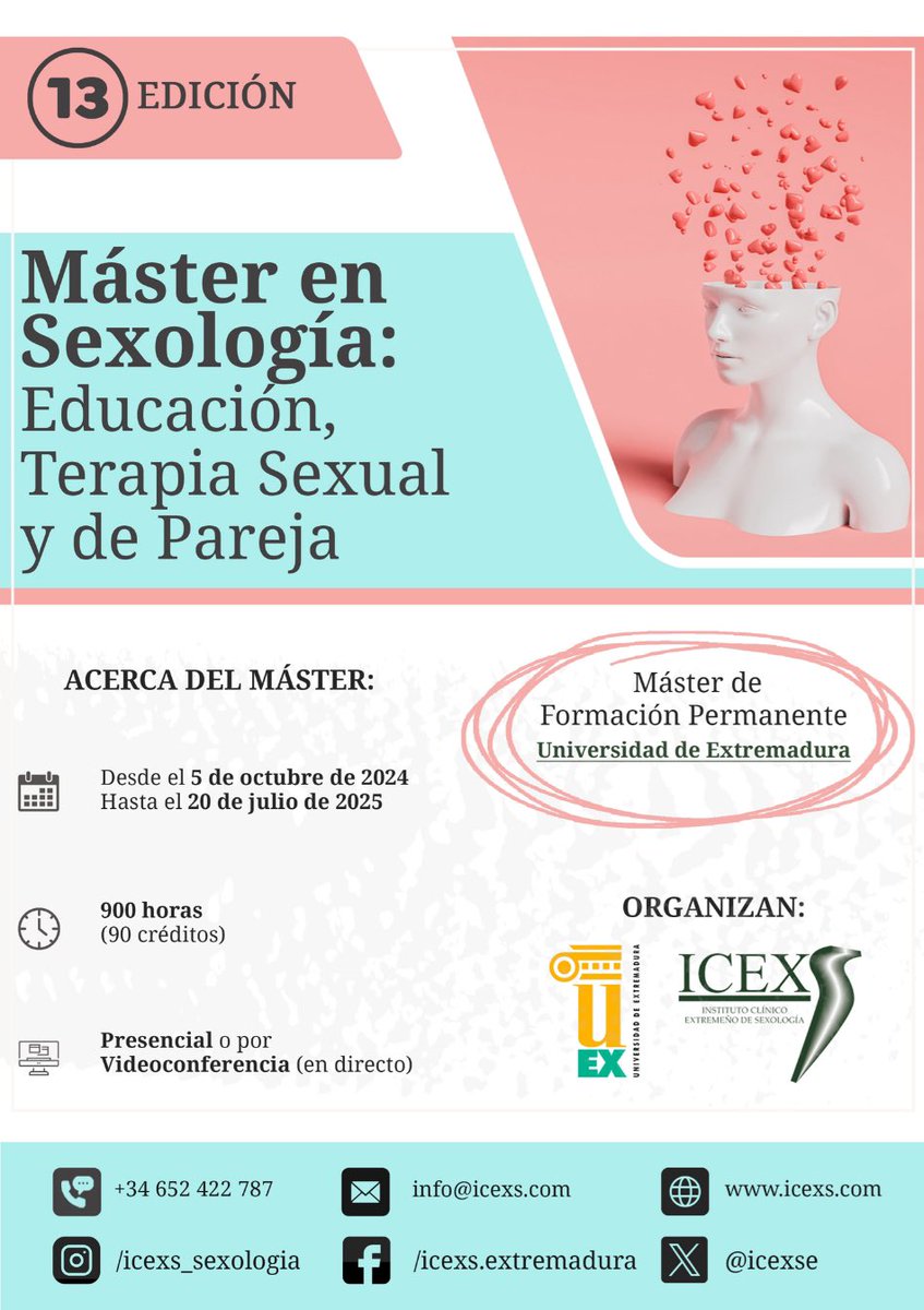 SXlgSF's tweet photo. Felicidades @ICEXSE por vuestra constancia en la formación en Sexología en Extremadura a todos los rincones de España 🇪🇸 y LatinoAmerica vía on Line y vía presencial . Allí estaré en su 13 Edición ✍️. @Itacasex @SxlgsfAlicante @SXlgSF @franciscamolero @felipehurtadomu @CLGS_SAFOR https://t.co/dhaizTG6oD