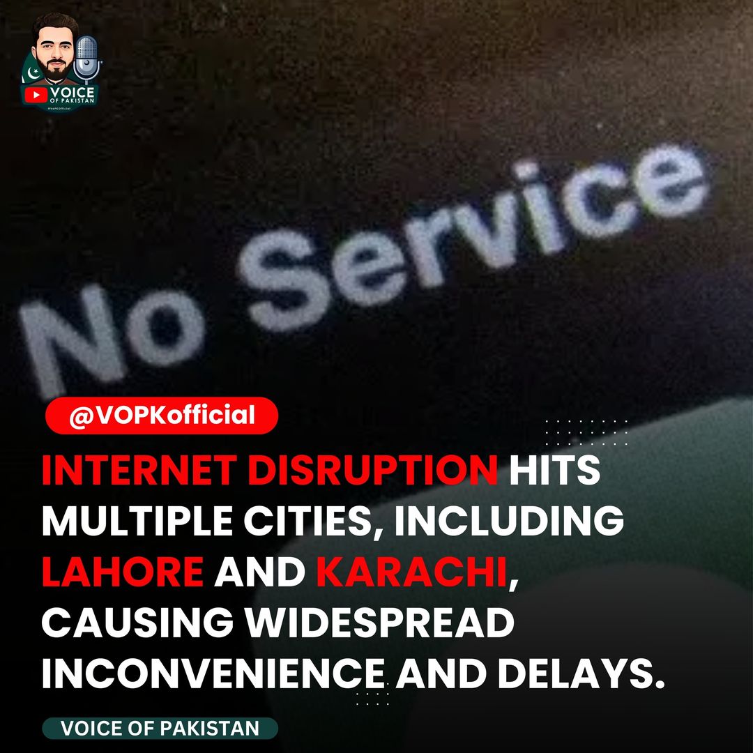 VOPKofficial1's tweet photo. Users in various cities, including Lahore, Karachi, and Islamabad, reported widespread internet disruptions due to a technical issue, further affecting daily activities. 

#InternetOutage #PakistanTechnology #InternetDisruption #VOPKofficial https://t.co/2EX6bpiSKE