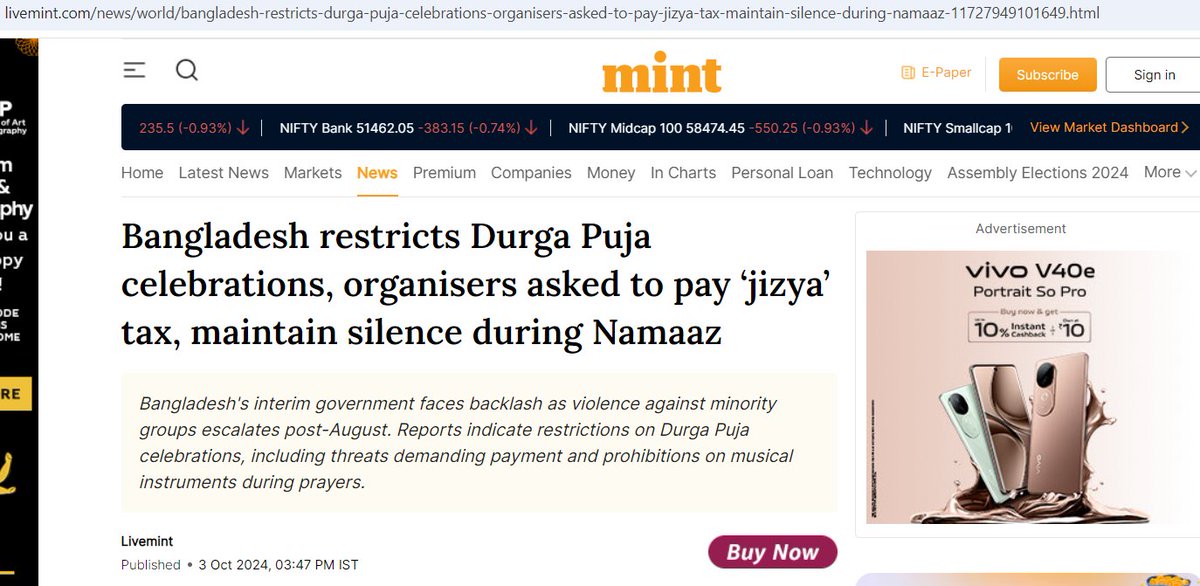 I don't think this is being widely reported in India

In Bangladesh, Hindus are being made to pay "jizya tax" to have Durgapuja

Where are the fraud intellectuals who claim that Durgapuja is just a cultural festival of Bengal?