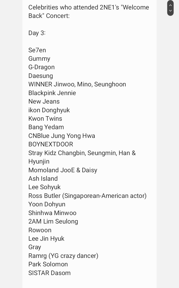 Lists of celebrities who went to watch the 2NE1 "Welcome Back" concert from Day 1 to Day 3.
#WELCOMEBACK_2NE1 #투애니원_제일_잘_나가 #2NE1