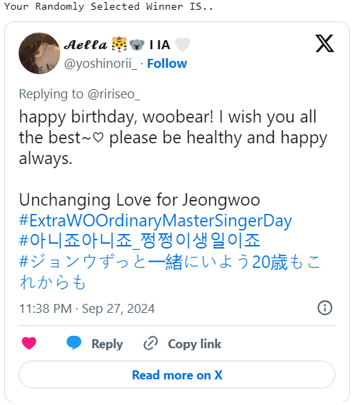 ririseo_'s tweet photo. ☆ Congratulations @yoshinorii_ for winning the GA. Kindly DM me to claim your prize. 🎊
Unchanging Love for Jeongwoo
#ExtraWOOrdinaryMasterSingerDay
#아니죠아니죠_쩡쩡이생일이죠
#ジョンウずっと一緒にいよう20歳もこれからも https://t.co/5covmYeRQ9