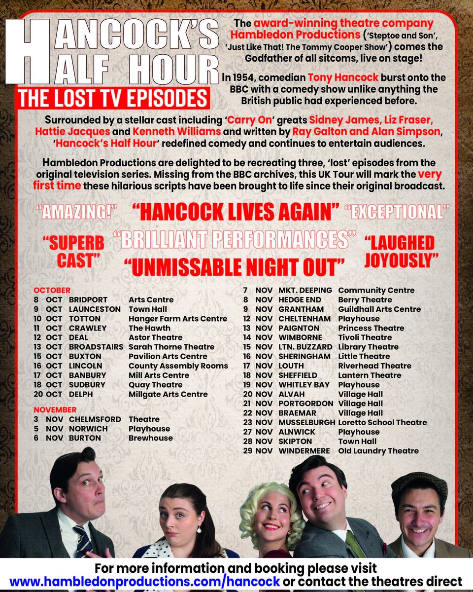 "Hancock lives again"

The tour continues with shows in <a href="/BridportArts/">Bridport Arts Centre</a> #Launceston <a href="/HangerFarmArts/">Hanger Farm</a> <a href="/thehawthcrawley/">The Hawth</a> <a href="/TheAstorTheatre/">The Astor Theatre</a> <a href="/SarahThorneThea/">Sarah Thorne Theatre</a> <a href="/East_Cheam_Lad/">Tony Hancock</a> #TonyHancock

Full info at hambledonproductions.com/hancock