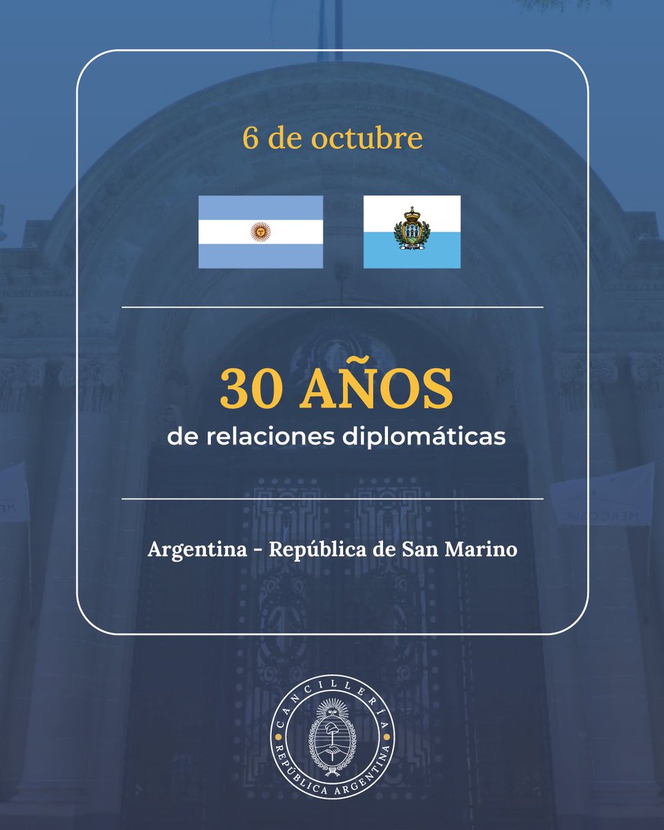 30 años de relaciones diplomáticas con San Marino 🇦🇷🤝🇸🇲

Desde el establecimiento de relaciones diplomáticas en 1994, ambos países han desarrollado una relación muy positiva asentada en el hecho de que en Argentina se encuentra la tercera diáspora sanmarinense en el mundo, con