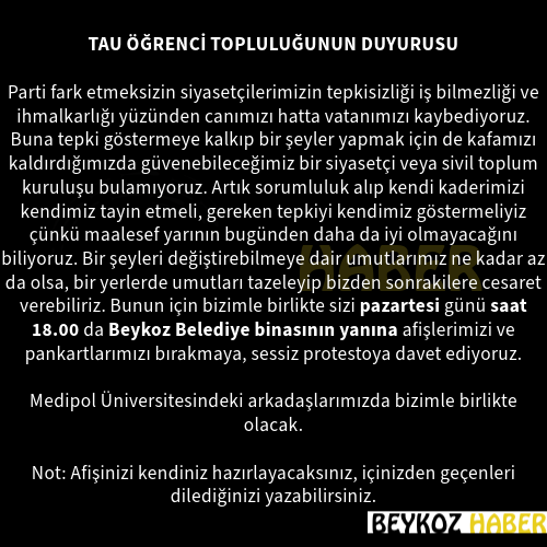 TAÜ ÖĞRENCİ TOPLULUĞUNDAN PROTESTO ÇAĞRISI