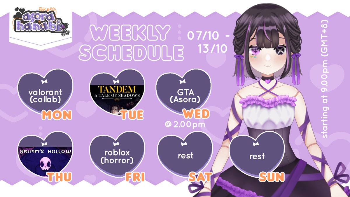 asorahanabi's tweet photo. this month's first schedule is here!
♡ 07 October 2024 - 13 October 2024 ♡
❥ art: #hanalust
❥ clip: #hanaKlip
❥ meme: #hanaugh
#AsoraHanabi #MalaysiaVtuber #MyVTuber #Vtuber #ENVtubers #VTuberUprising https://t.co/oq0ewU58YM
