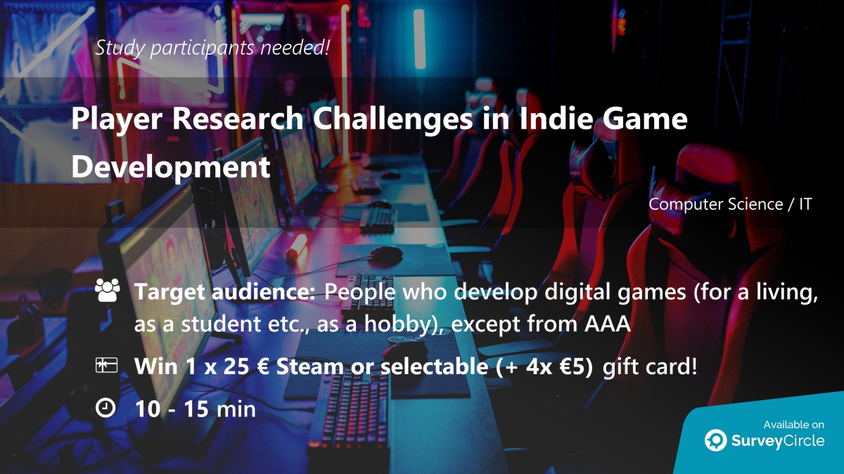 Daily Research @SurveyCircle (@daily_research) on Twitter photo Participants needed for online survey!
Topic: "Player Research Challenges in Indie Game Development" surveycircle.com/BKP7QV/ via <a href="/SurveyCircle/">SurveyCircle.com | Recruit Survey Participants</a> #UniSiegen
#GameDevelopment #playtesting #PlayerResearch #indie #UxResearch #gamedev Participants needed for online survey!
Topic: "Player Research Challenges in Indie Game Development" surveycircle.com/BKP7QV/ via <a href="/SurveyCircle/">SurveyCircle.com | Recruit Survey Participants</a> #UniSiegen
#GameDevelopment #playtesting #PlayerResearch #indie #UxResearch #gamedev
