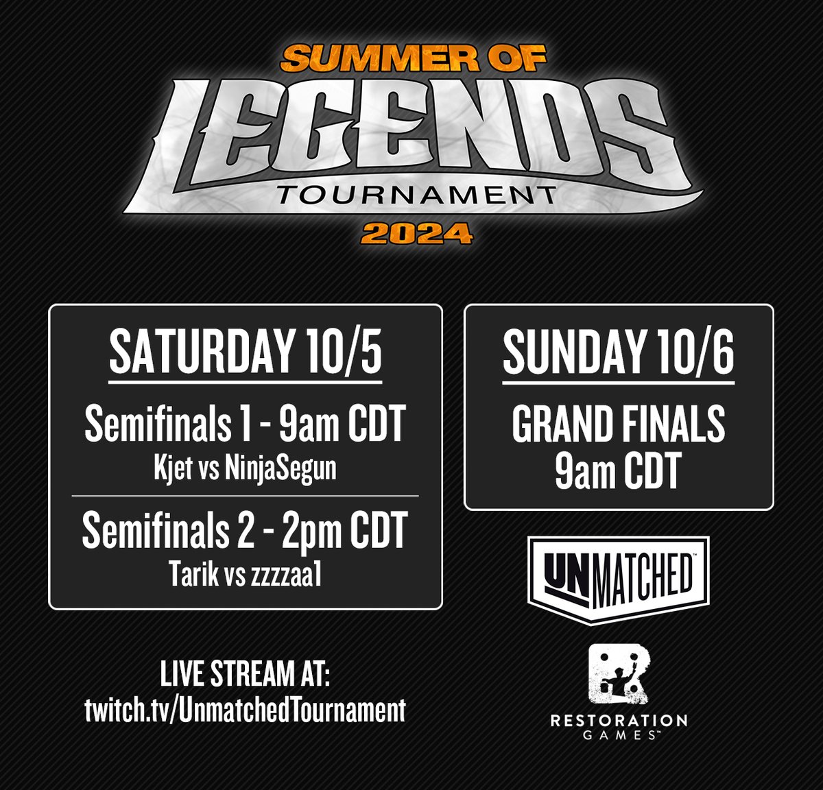 RestorationGame's tweet image. Today&apos;s the big day! The Unmatched Summer of Legends Tournament comes to an exciting close with the Grand Finals started at 10:00 AM ET on twitch.tv/unmatchedtourn…

Come check out two of the best players in the world compete for the ultimate prize!