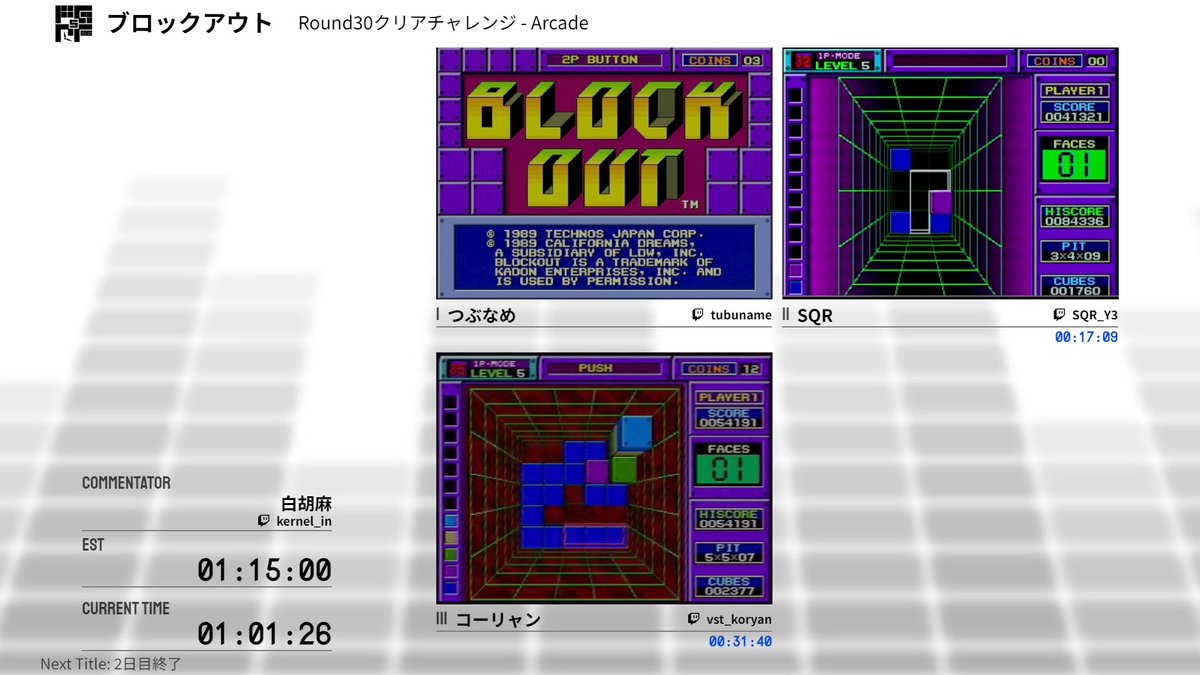 ome_speedrun's tweet photo. Puzzle Game RTA Festival 5
現在はつぶなめさん(@tyu_ba)、SQRさん(@skysqraper)、コーリャンさん(@vst_koryan)による、
『ブロックアウト』の「Round30クリアチャレンジ」が進行中です！

つぶなめさんがRound30に飲まれてしまいました…

配信はこちら⇒ https://t.co/BHvDvAAE5o
#PGRF https://t.co/9lOGdbEypM