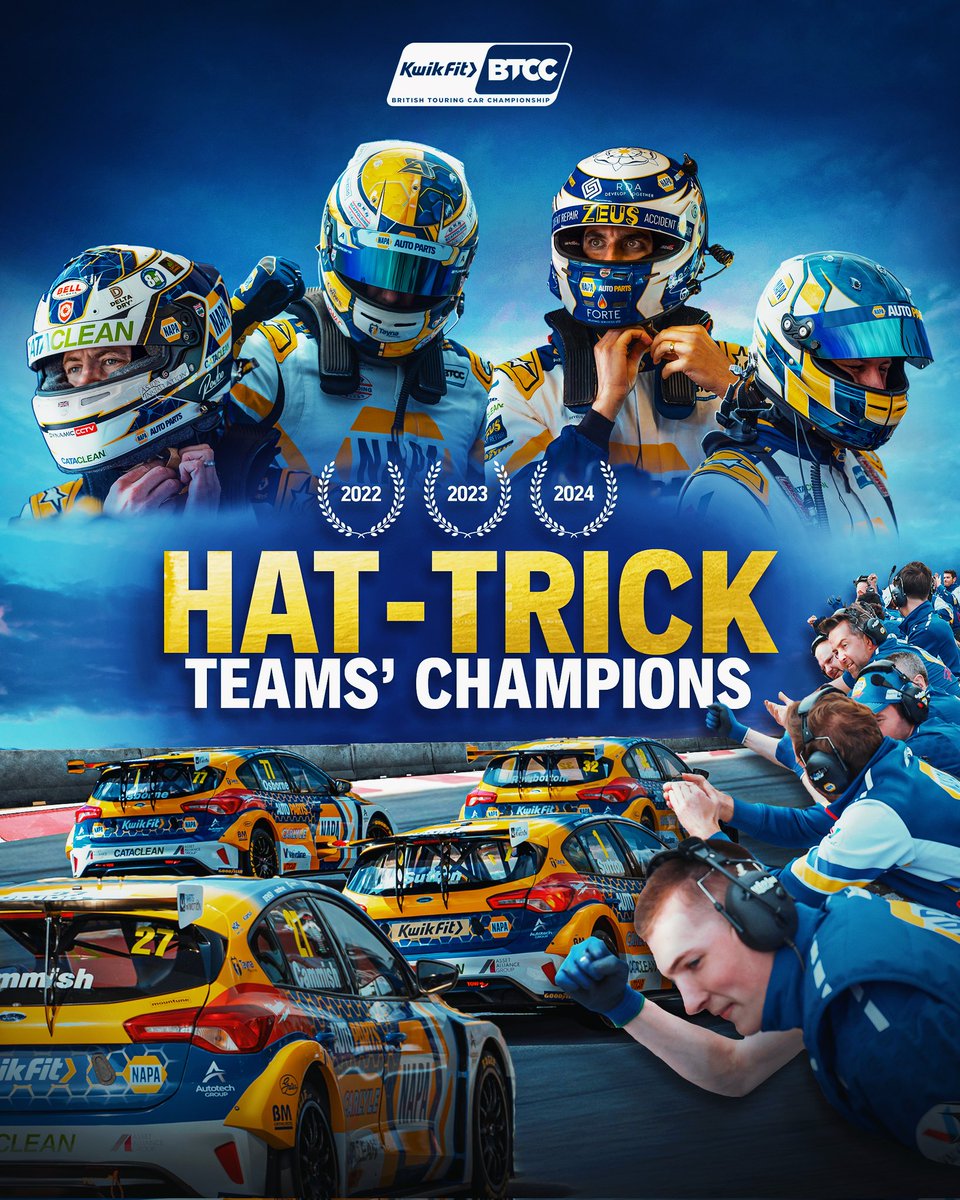 🔵🟡 WHAT A TEAM! NAPA Racing UK wins three BTCC Teams’ titles in a row 🏆🏆🏆

A day we’ll remember forever!#TheTriple

#BTCC #NAPARacingUK #TeamsChampion #FastFord #RaceTeam