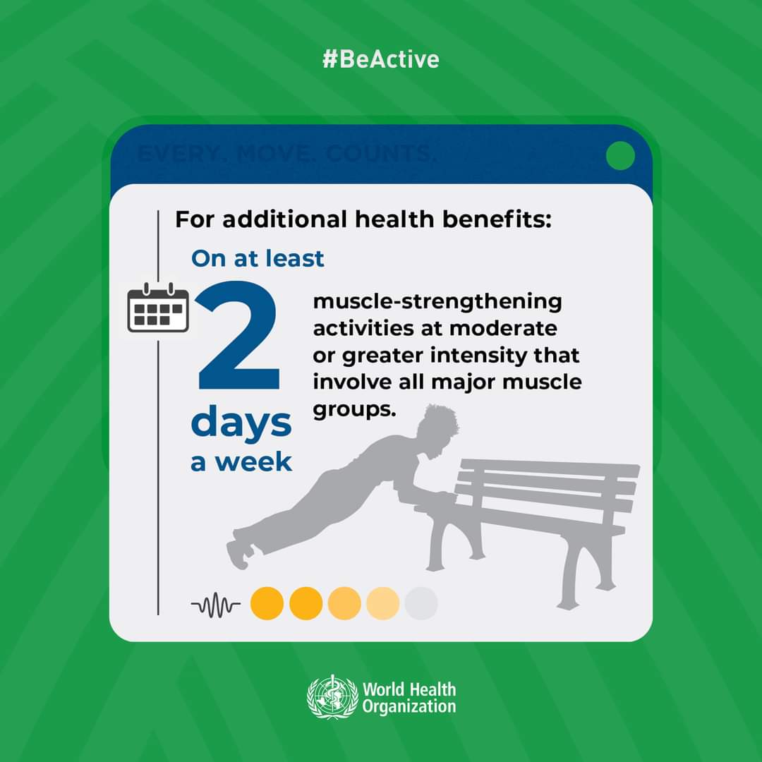 WHOWPRO's tweet photo. For adults, muscle-strengthening activities done at least twice a week provide additional health benefits.

Let's be active! #EveryMoveCounts https://t.co/pXC738HTMJ