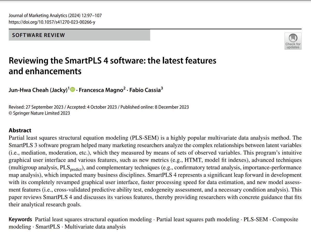 SmartPLS's tweet photo. Don't miss this software review article on @SmartPLS 4 by Jun-Hwa Cheah, Francesca Magno, and Fabio Cassia in the @JMAnalytics: https://t.co/ERyA4JIaha
#SmartPLS #Software #Review #Regression #PathAnalysis #CBSEM #PLSSEM #FactorAnalysis #statitics #Methods https://t.co/H05M7wdehG