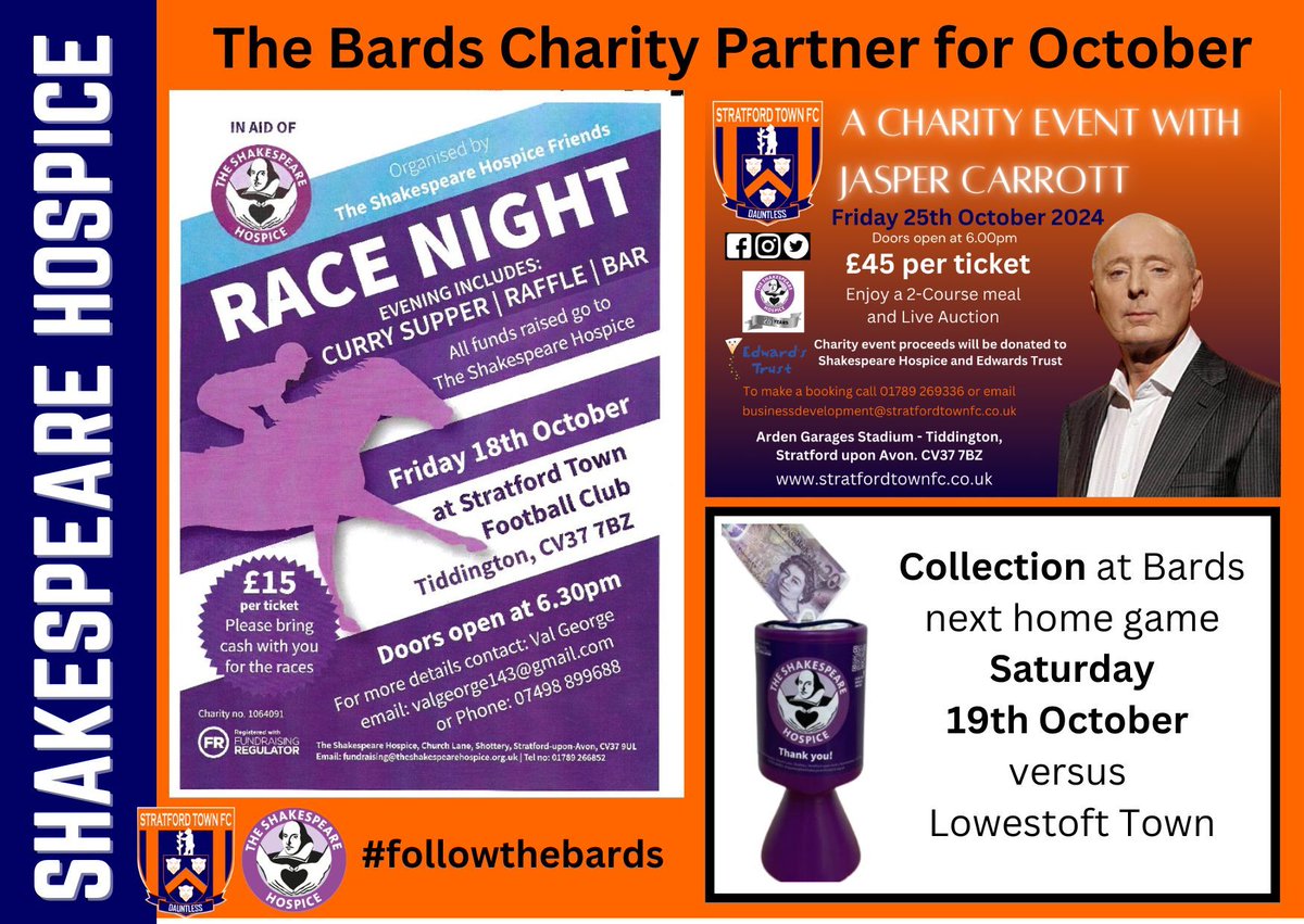 StratfordTownFC's tweet image. SHAKESPEARE HOSPICE
The Bards are pleased to be able to support The Bards Hospice during  October, with two charity events and a match day  collection. The Bards, your community club.
@TheBardsHospice #followthebards #jaspercarrott #1club
