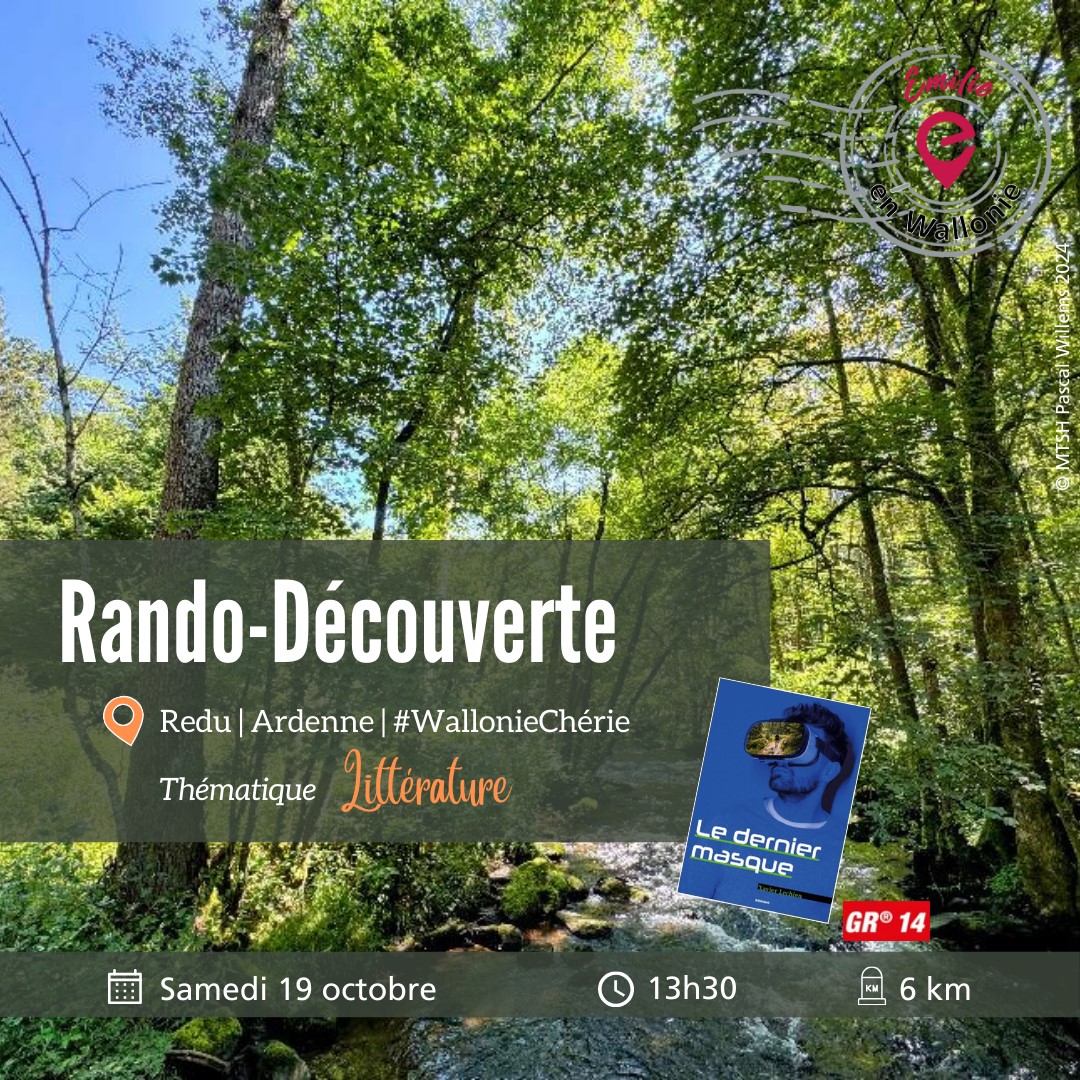 Une rando-découverte « Littérature » à Redu, au cœur de l’Ardenne et du village du livre 📚, nous partirons sur les traces du héros d’un roman. Nous découvrirons l’univers de ses personnages qui parcourent le GR14 🚶‍♀️
Inscription > miniurl.be/r-5q3x
#WallonieCherie 🇧🇪
