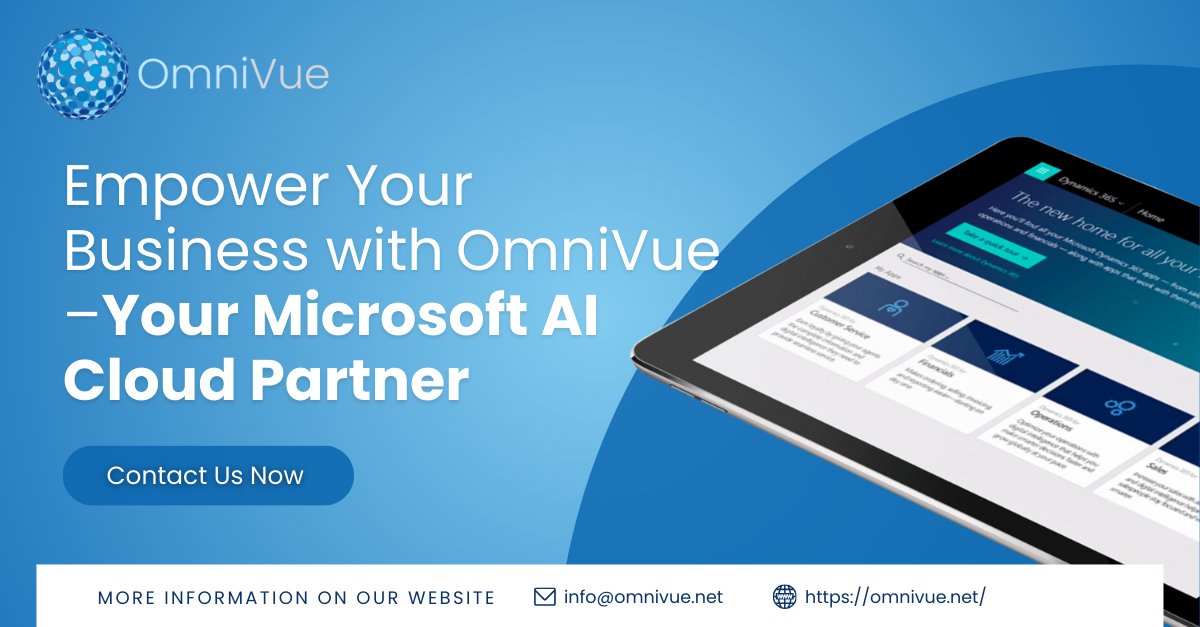 OmniVue's tweet image. Discover how OmniVue, a trusted Microsoft AI Cloud Partner, can help you streamline your business operations!

Connect with us:  okt.to/dsXrQy 
okt.to/jZCq61 

#OmniVueSolutions #MicrosoftAICloud #Dynamics365Partner #BusinessTransformation #AIInnovation